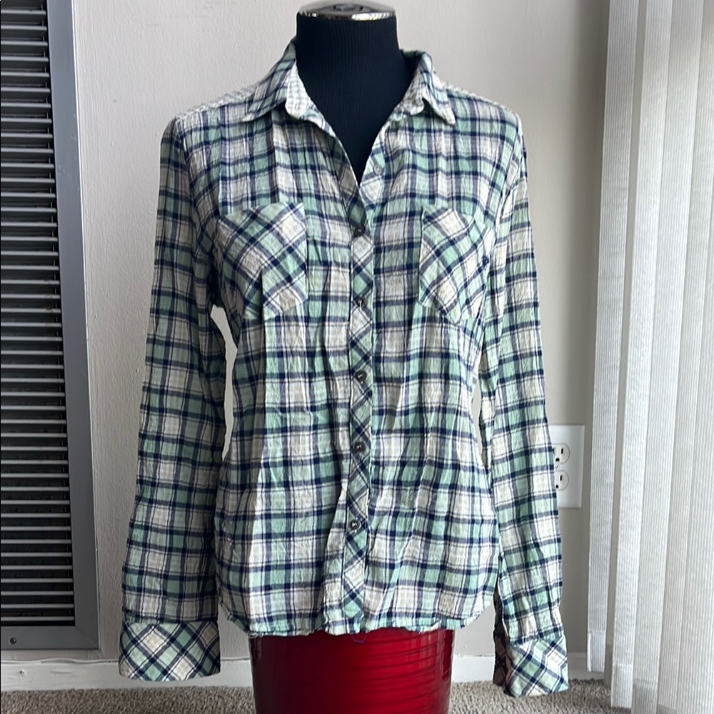 Miss Me Blue and Mint and Beige Plaid Shirt with Cinch-able Waist
